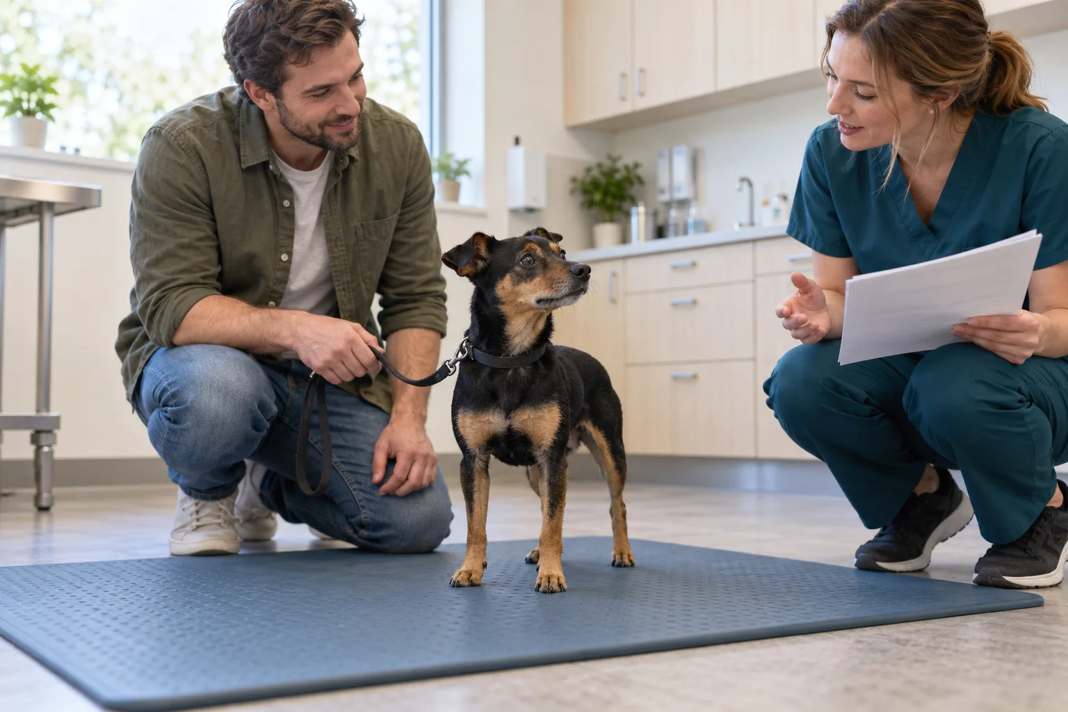 Small black-and-tan dog standing on a clinic mat beside its owner and a veterinarian