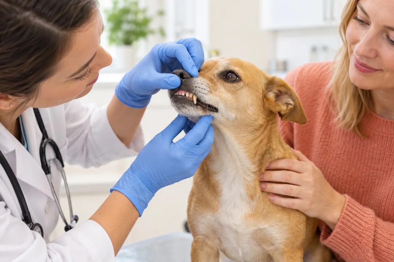 Veterinary professional gently examining a small dog’s teeth